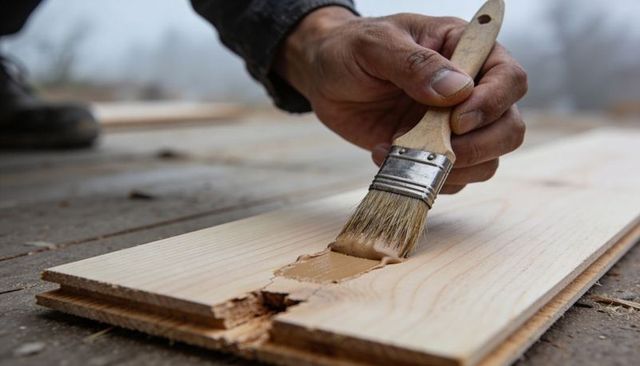 Hand brushing tan wood stain into gouged deck plank close-up