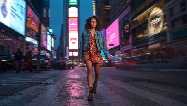 Stylish Young Woman Crossing Thriving Times Square at Night