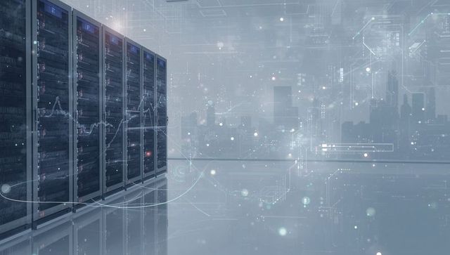 Futuristic data center server racks with digital overlay graphics