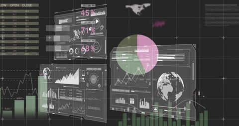 Futuristic data dashboard with floating analytic panels, globe visualization, kpis