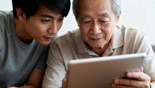 Young man helping elderly man use tablet at home closeup intergenerational connection
