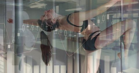 Female pole dancer performing inverted aerial pose with financial chart overlay