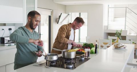 Joyful Multi-Ethnic Gay Couple Cooking Together in Modern Kitchen - Download Free Stock Images Pikwizard.com