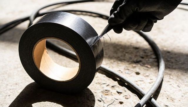 Peeling black gaffer tape roll with gloved hand cutting strip on rough concrete floor