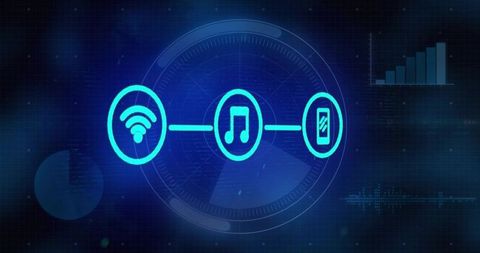 Neon cyan wireless music streaming to smartphone hud interface with futuristic dashboard