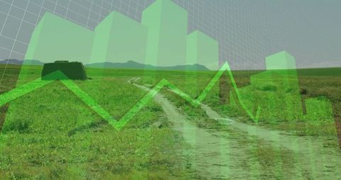 Rural data overlay dirt track through field with translucent green 3d bars and line chart