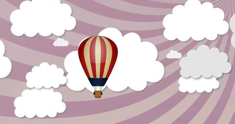 Striped hot air balloon drifting past paper-cut clouds over pink sunburst