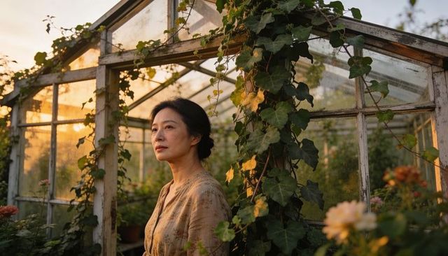 Contemplative woman tending potted plants in rustic glass greenhouse at golden sunset
