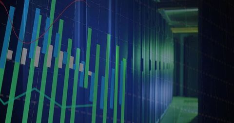 Displaying candlestick market chart overlaying server corridor with neon reflections, depth