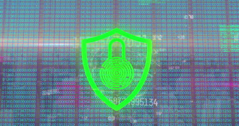 Digital Security Shield with Padlock and Data Code Background