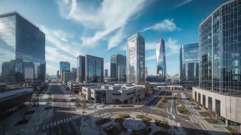 Dynamic Cityscape with Towering Skyscrapers and Roundabout View