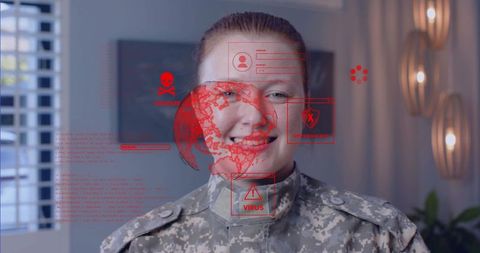 Female Soldier in Camo Uniform with Threat Holograms in Modern Office