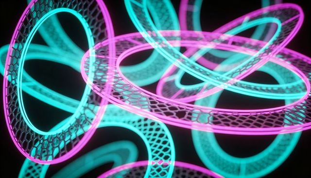 Rotating neon torus rings with hexagonal mesh, cyan and magenta futuristic abstract 3d glow