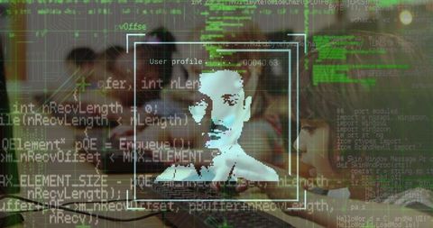 Digital education future concept with young students and data overlay