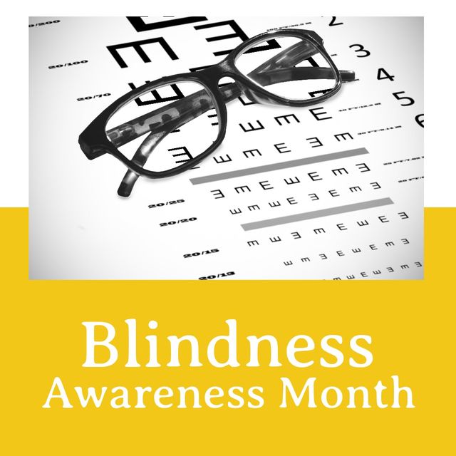 Square image of blindness awareness month text with black glasses over letters. Blindness awareness month campaign.