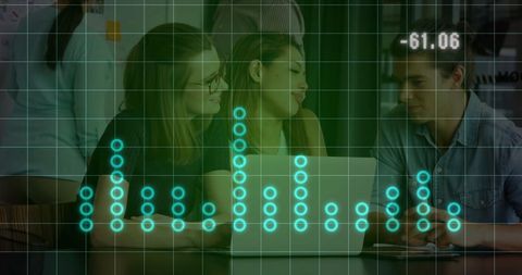 Colleagues engaged in office discussion with digital interface