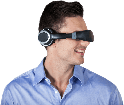 smiling man wearing transparent virtual reality headset - Download Free Stock Videos Pikwizard.com