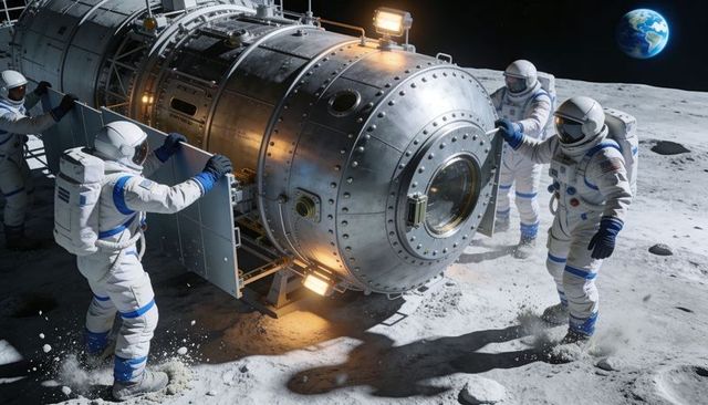 Astronauts Repairing Lunar Habitat Module on Moon During Extravehicular Operations