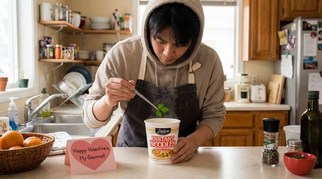 Young man adding herb to instant noodle cup with valentine card on cozy kitchen counter