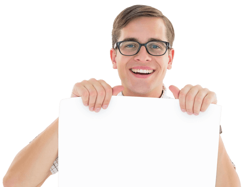 Transparent Smiling Geeky Hipster Holding Blank Card for Advertising - Download Free Stock Videos Pikwizard.com