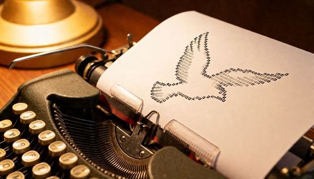 Retro typewriter creating ascii dove on paper closeup warm vintage writing concept