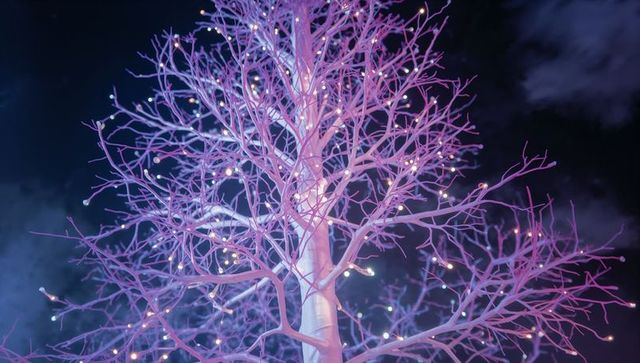 Mystical tree with glowing orbs under night sky