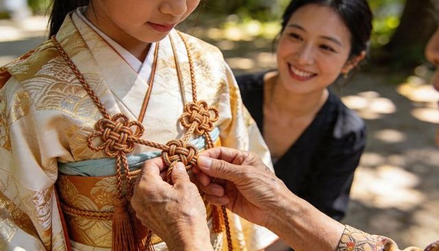 Elder hands adjusting gold silk kimono cords on child wearing traditional kimono, family smiling