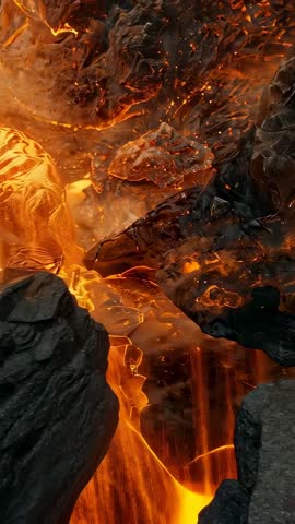 Molten Lava Rising and Cascading Through Basalt Channel, Shedding Glowing Embers - Vertical