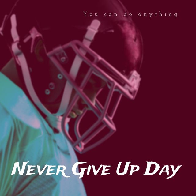 Digital composite image of sad sportsman wearing helmet with never give up day text, copy space. Believing yourself, motivation, willingness to accept failure, inspiration.