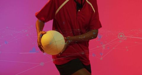 Athlete Holding Volleyball with Futuristic Tech Overlay Design