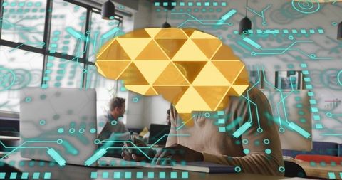 Golden geometric brain overlay over professional working in open-plan office with futuristic hud