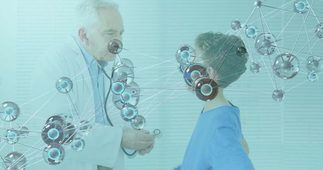 Doctor Examines Boy's Heartbeat with Digital Network Overlay