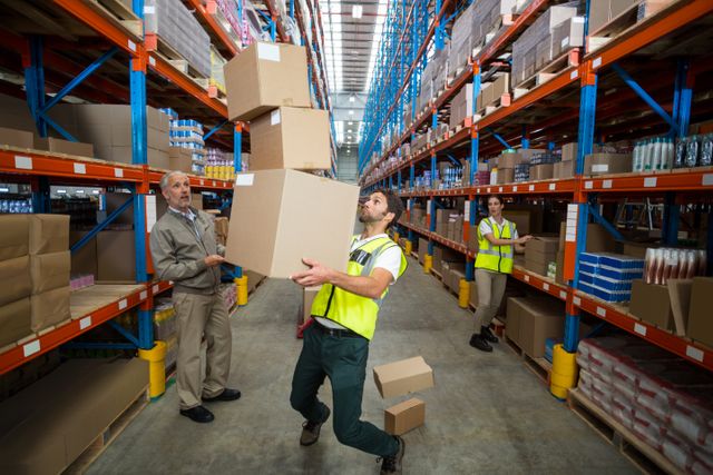 Warehouse worker losing balance while carrying multiple cardboard boxes, highlighting potential safety hazards in logistics and storage environments. Useful for illustrating occupational safety, warehouse management, and supply chain challenges.