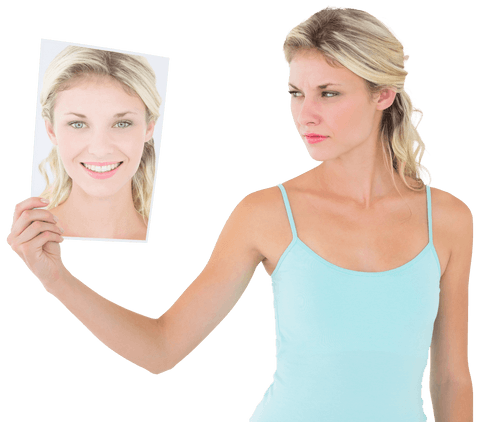 Transparent Angry Woman Holding Smiling Portrait PNG