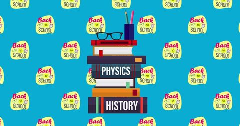 stack of books with words 'physics' and 'history' displayed prominently, accompanied by colorful school icons and pencils in a cup. designed against a vibrant blue background with repeated phrases 'back to school'. suitable for educational promotions, school supply advertising, or illustrating concepts related to preparing for a new academic year.