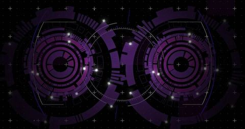Futuristic Dual Circular HUD Interface with Purple Tech Rings and Starfield Grid Dashboard