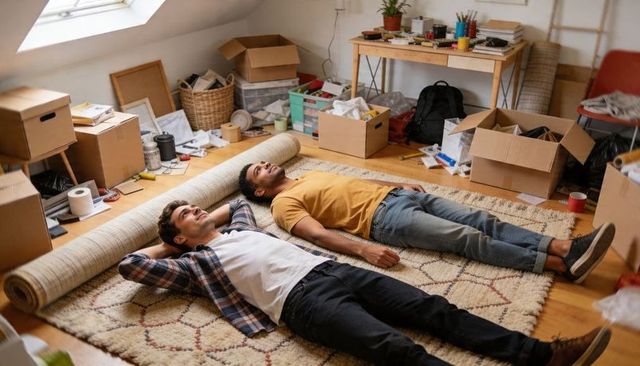 Roommates relaxing on patterned rug amid moving boxes in bright loft with skylight