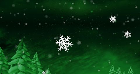 Snowflakes Falling Over Green Winter Landscape