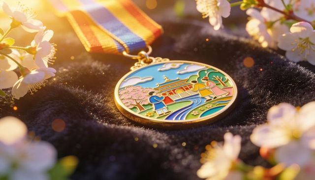 Enamel medal featuring pavilion scene and cherry blossoms on velvet with ribbon