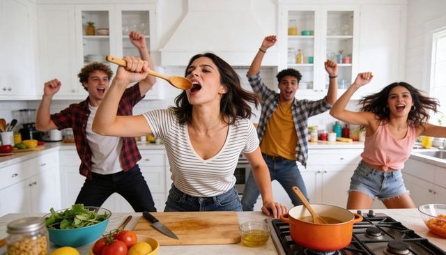 Young woman singing into wooden spoon at kitchen island while friends dance and cheer