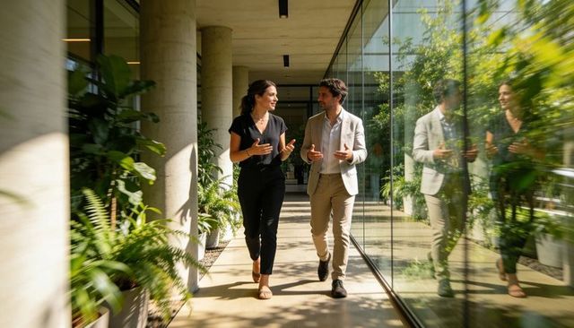 Colleagues walking and talking in modern biophilic office corridor with glass reflection