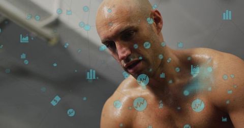 Sweaty muscular athlete tracking performance metrics with digital data overlay in gym