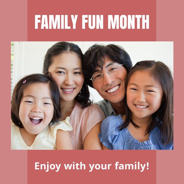 Portrait of happy asian parents with daughters and family fun month with enjoy with your family text. digital composite, copy space, family, love, togetherness, childhood, enjoyment and celebration.
