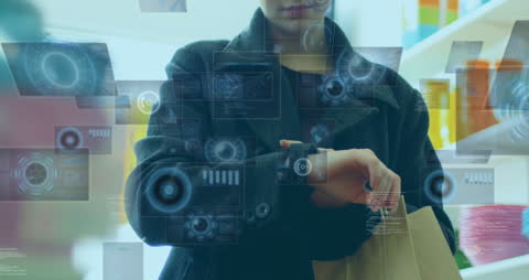 Futuristic Data Interfaces Surrounding Woman with Smartwatch