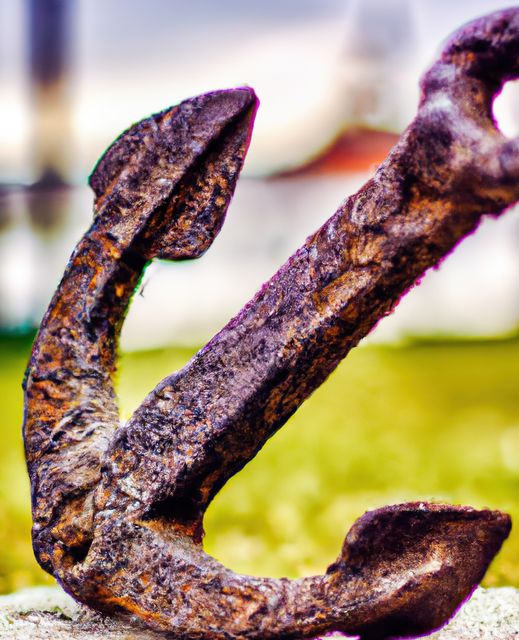 Close-up view of a rusty anchor sitting on a weathered rock. Perfect for use in nautical-themed designs, marine conservation materials, historical maritime presentations, or as a rustic background in creative projects.