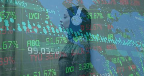Woman in hijab engaged with data and global stock market trends
