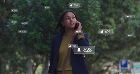 Woman Using Smartphone with Social Media Notifications Overlay