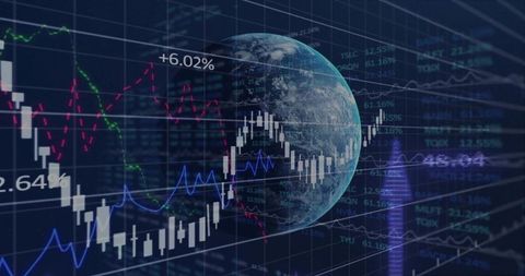 Globe Floating Over Financial Candlestick Charts and Global Market Data Visualization