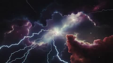 Bursting nebula sending branching lightning arcs across cosmic clouds, galactic storm