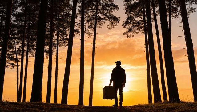 Standing silhouette holding suitcase among pine trees at golden sunset, travel solitude